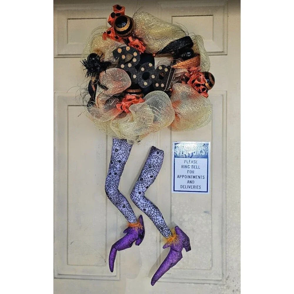 Artificial Halloween Witch Legs & Pumpkin Wreath Door Decor Black Orange Purple